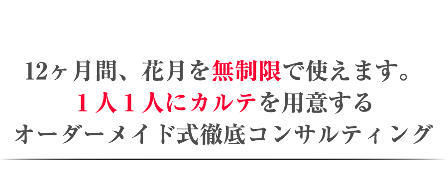12ヶ月間、花月を無制限で使えます。１人１人にカルテを用意するオーダーメイド式徹底コンサルティング